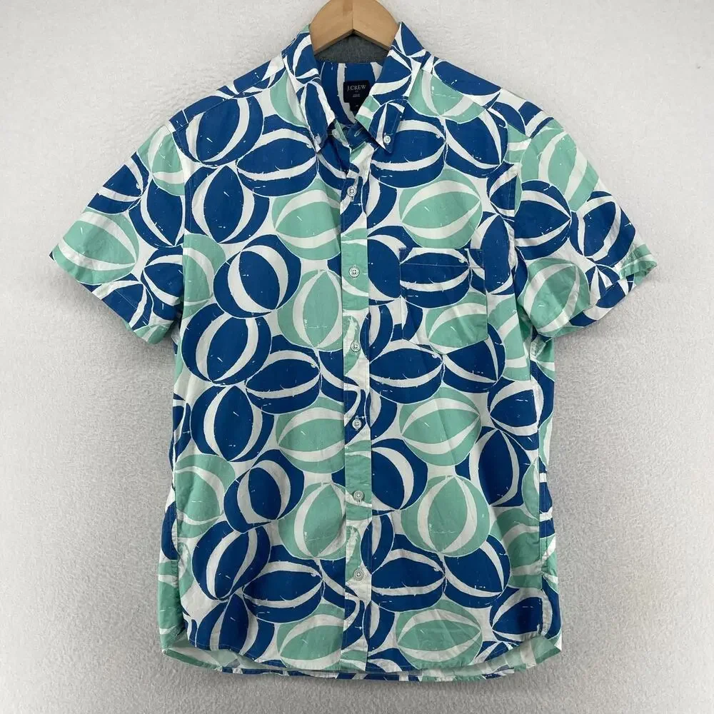 J.CREW Shirt Mens M Beach Ball AOP Button Up Short Sleeve Camp Cotton Blue